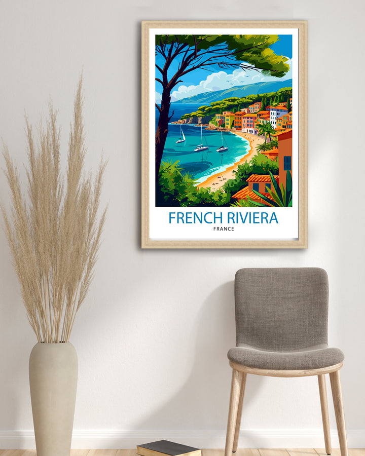 French Riviera Print Côte d'Azur Art Mediterranean Coastline Poster Luxury Seaside Resort Wall Decor Southern France Illustration