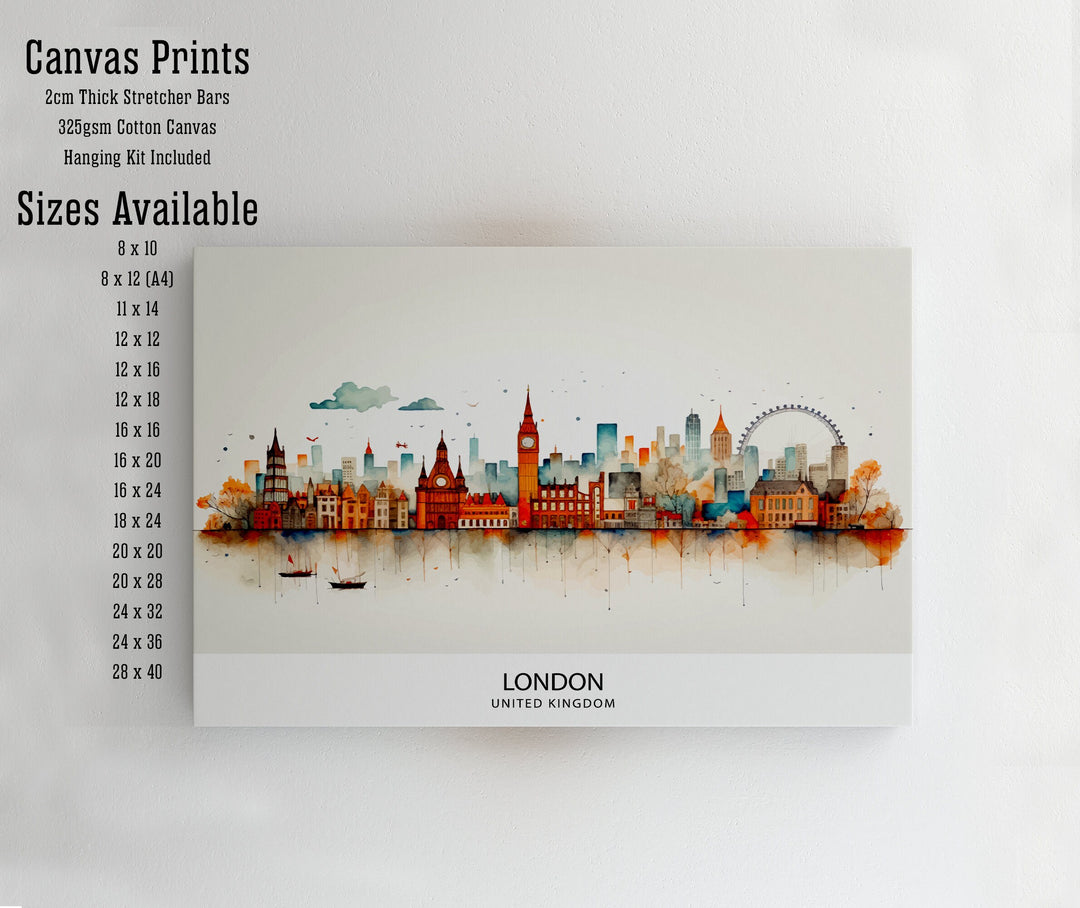 London Skyline Print Iconic Cityscape Art London Landmarks Poster England Capital Wall Decor Thames River View Illustration Urban Metropolis