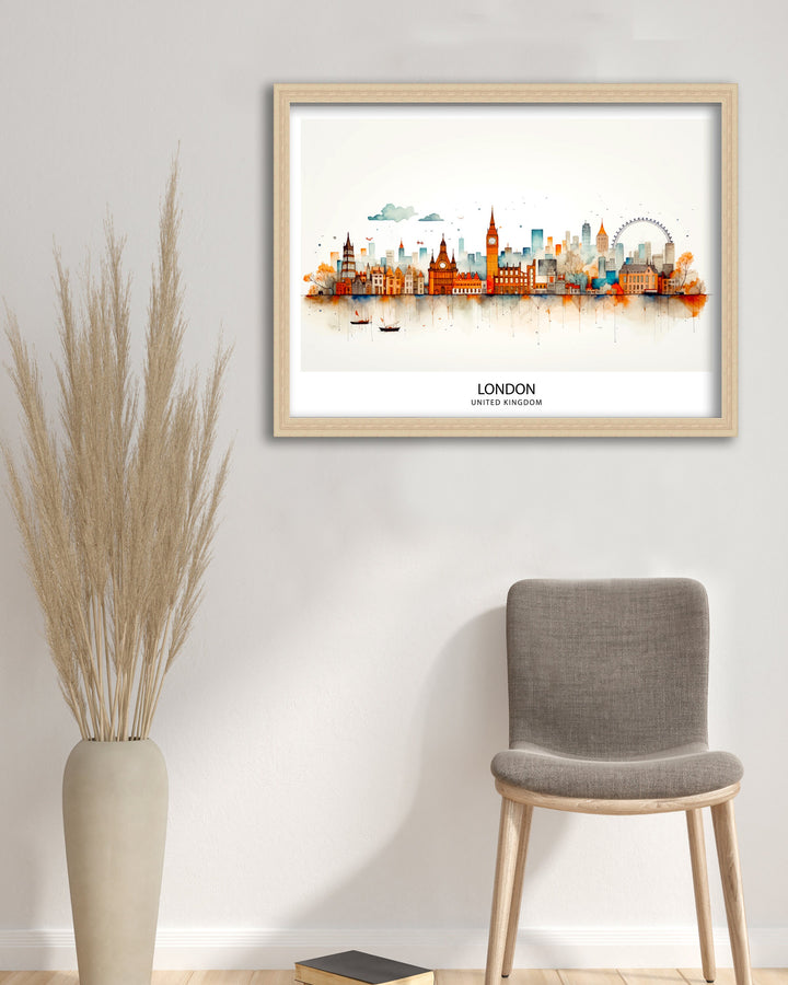 London Skyline Print Iconic Cityscape Art London Landmarks Poster England Capital Wall Decor Thames River View Illustration Urban Metropolis