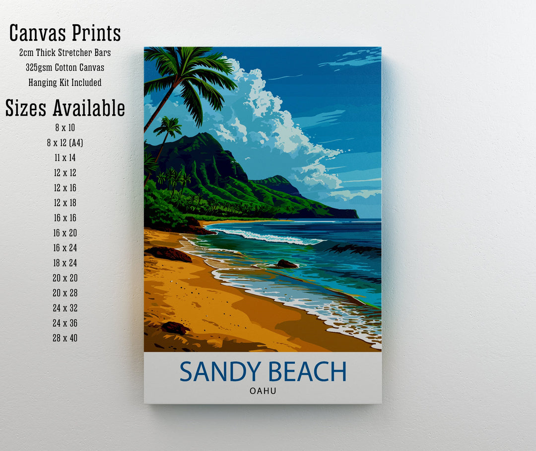 Sandy Beach Oahu Print Hawaiian Shoreline Art Oahu Beach Poster Hawaii Surf Wall Decor Pacific Ocean View Illustration Tropical Island