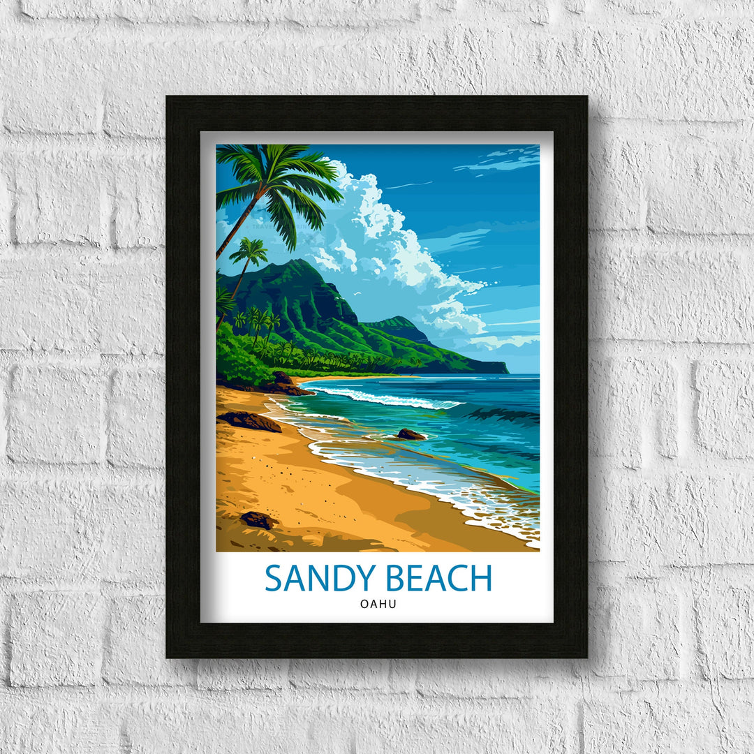 Sandy Beach Oahu Print Hawaiian Shoreline Art Oahu Beach Poster Hawaii Surf Wall Decor Pacific Ocean View Illustration Tropical Island