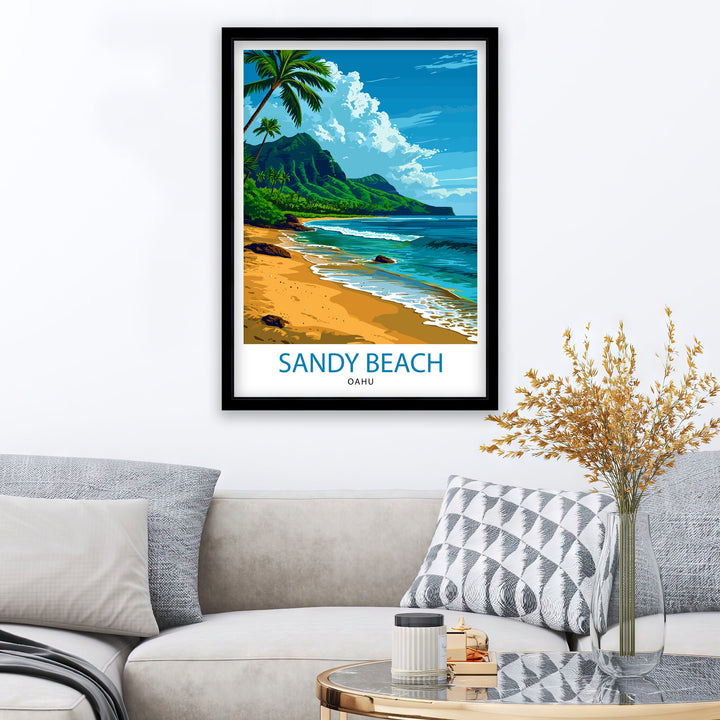 Sandy Beach Oahu Print Hawaiian Shoreline Art Oahu Beach Poster Hawaii Surf Wall Decor Pacific Ocean View Illustration Tropical Island