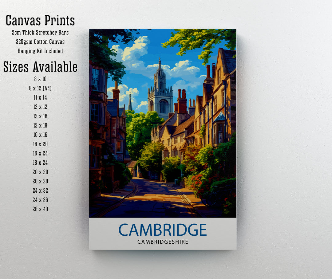 Cambridge UK Poster Historic University City Art River Cam Poster English Architecture Wall Decor Scholarly Town Illustration British