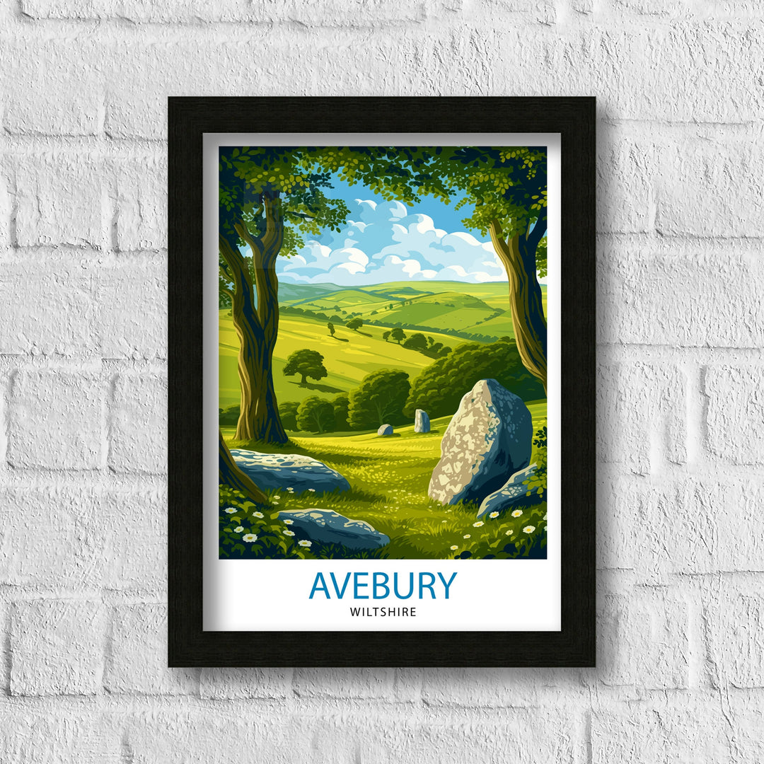Avebury Wiltshire Poster Ancient Stone Circle Art Neolithic Monument Poster English Heritage Wall Decor Prehistoric Site Illustration UK
