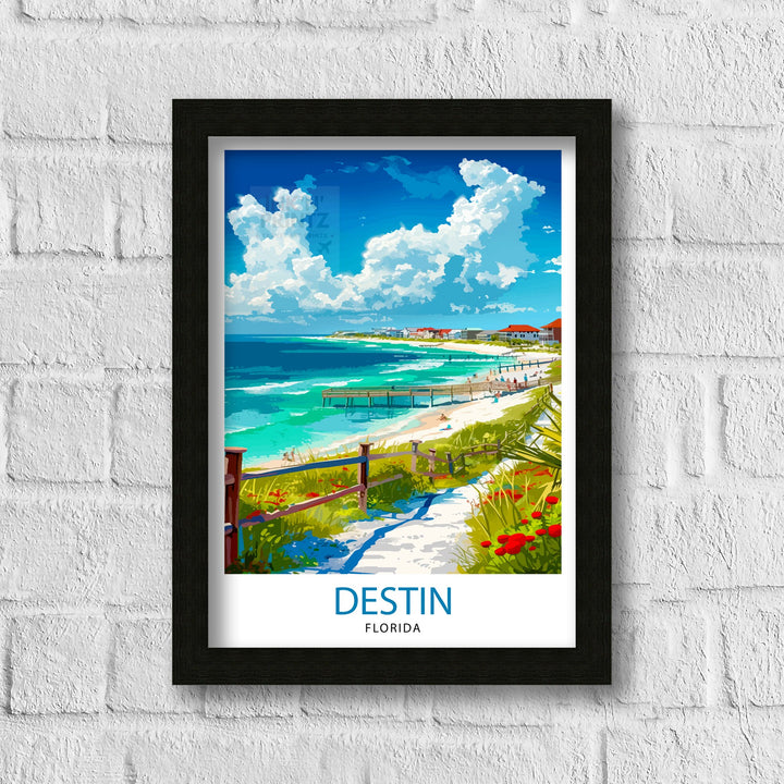 Destin Florida Print Emerald Coast Art White Sand Beach Poster Gulf of Mexico Wall Decor Florida Panhandle Illustration Coastal Town Artwork