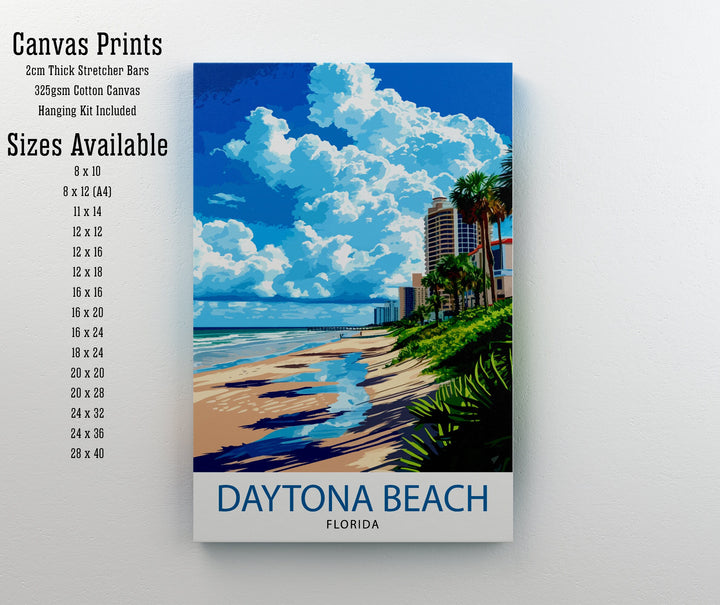 Daytona Beach Florida Print Famous Beach Art Daytona Speedway Poster Florida Coastline Wall Decor Atlantic Ocean Illustration Sunshine