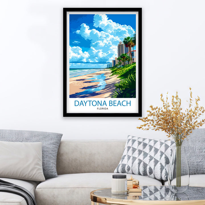 Daytona Beach Florida Print Famous Beach Art Daytona Speedway Poster Florida Coastline Wall Decor Atlantic Ocean Illustration Sunshine