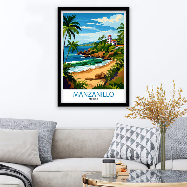 Manzanillo Mexico Travel Poster Tropical Paradise Art Mexican Beach Resort Print Pacific Coast Wall Decor Exotic Destination Illustration