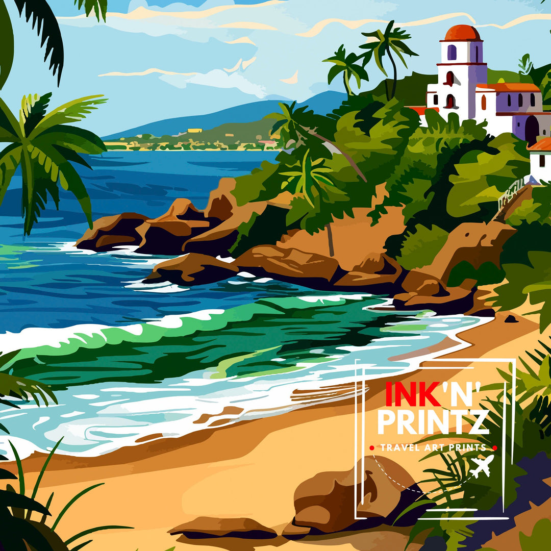 Manzanillo Mexico Travel Poster Tropical Paradise Art Mexican Beach Resort Print Pacific Coast Wall Decor Exotic Destination Illustration