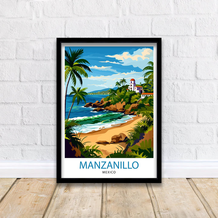 Manzanillo Mexico Travel Poster Tropical Paradise Art Mexican Beach Resort Print Pacific Coast Wall Decor Exotic Destination Illustration