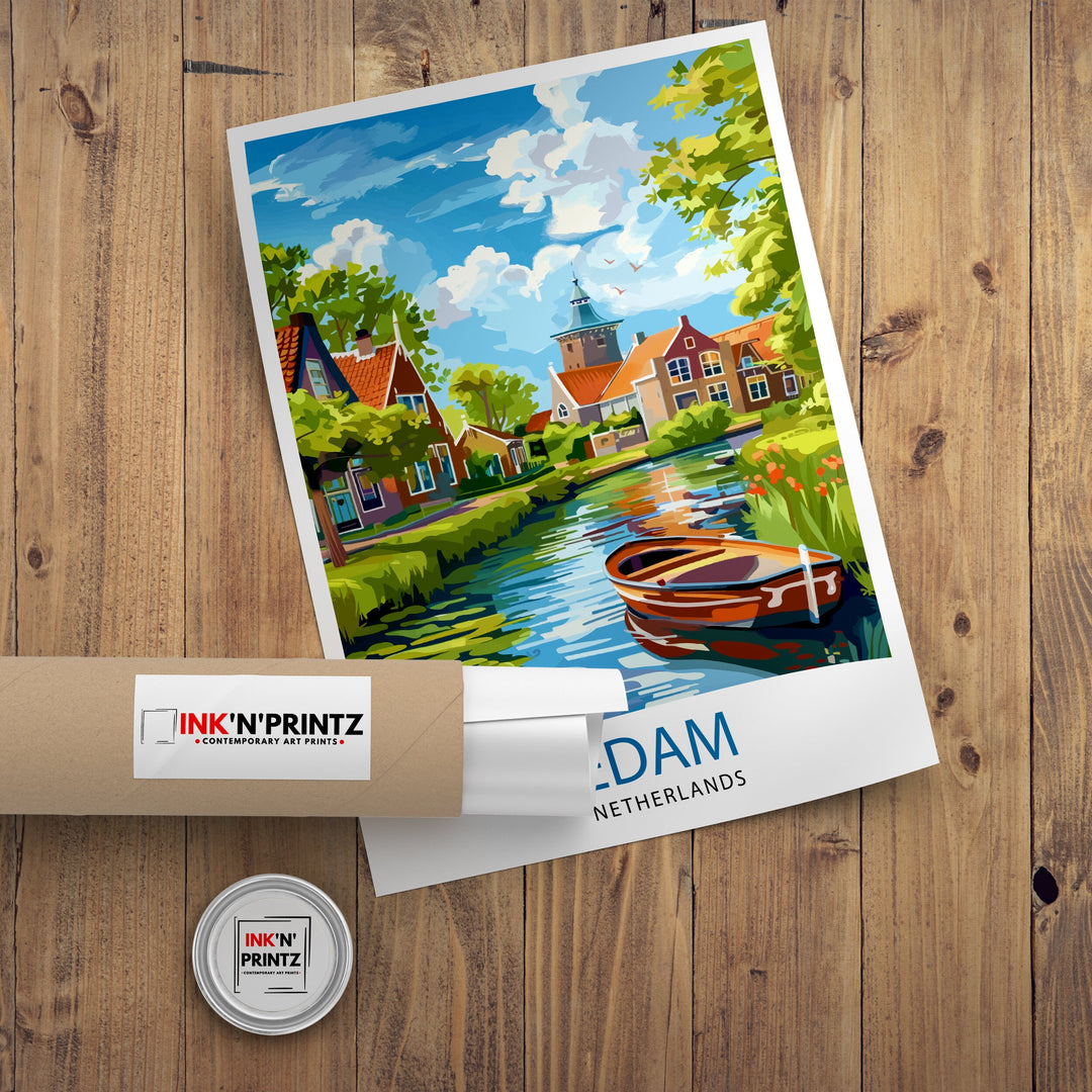 Edam Netherlands Travel Poster Charming Dutch Village Art Cheese Market Print Historic Canal Wall Decor Netherlands Countryside Illustration