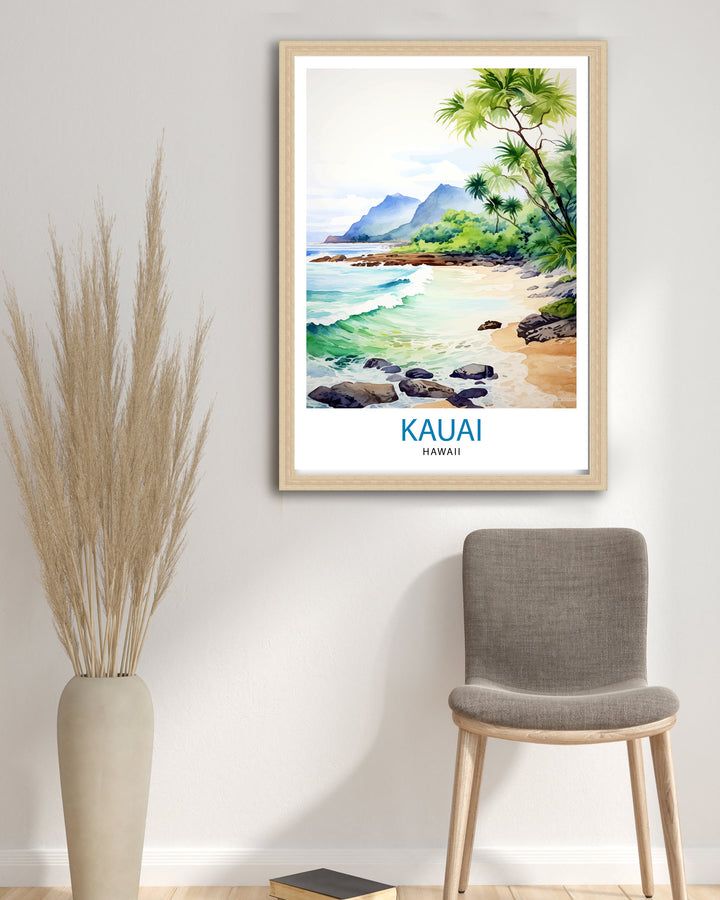 Kauai Hawaii Travel Poster Tropical Paradise Art Na Pali Coast Print Garden Isle Wall Decor Hawaiian Island Illustration Exotic Landscape