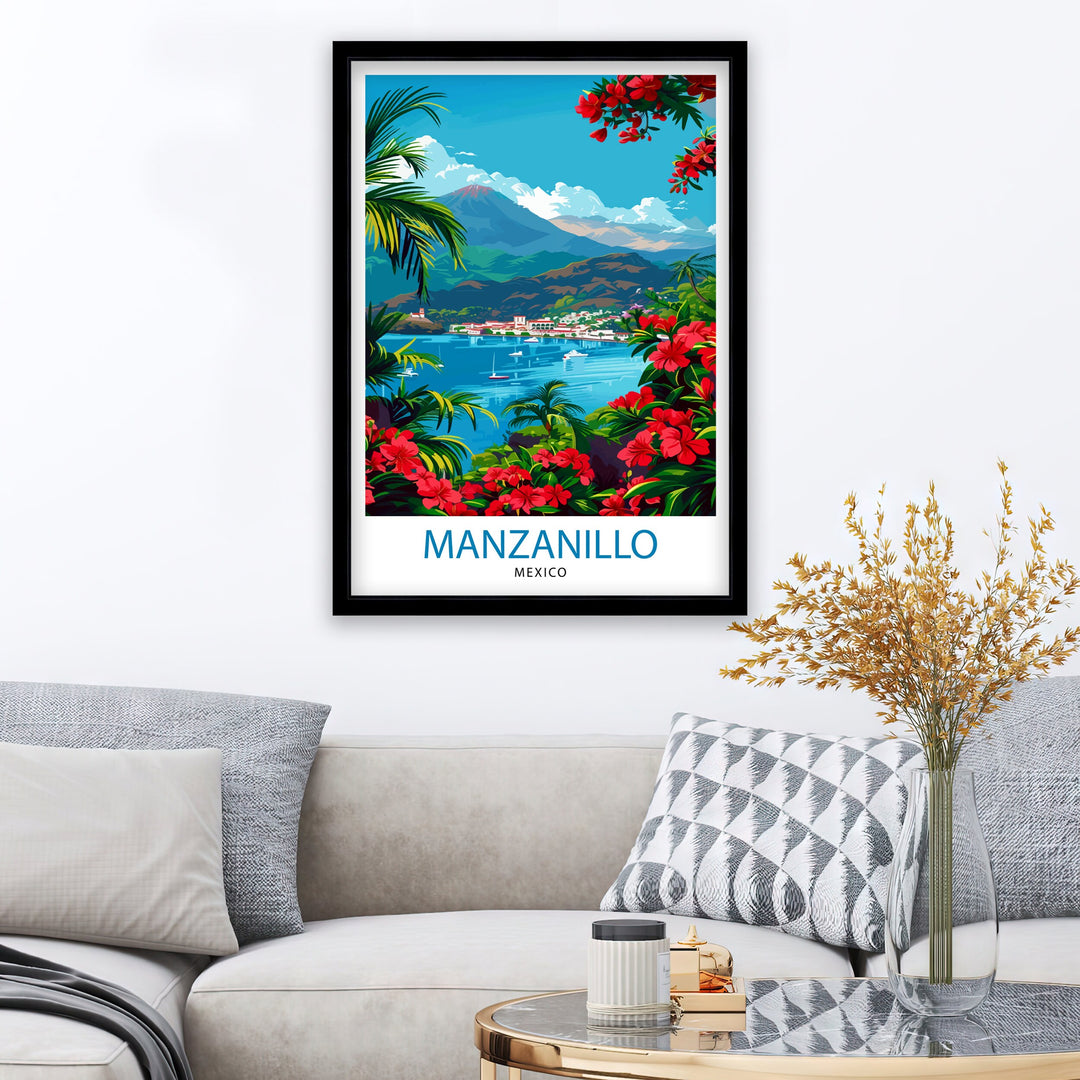 Manzanillo Mexico Travel Poster Tropical Paradise Art Mexican Beach Resort Print Pacific Coast Wall Decor Exotic Destination Illustration