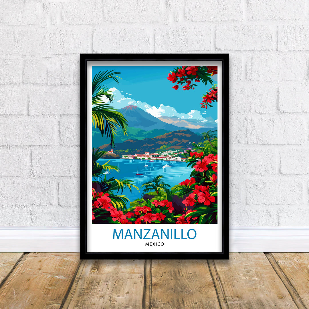 Manzanillo Mexico Travel Poster Tropical Paradise Art Mexican Beach Resort Print Pacific Coast Wall Decor Exotic Destination Illustration