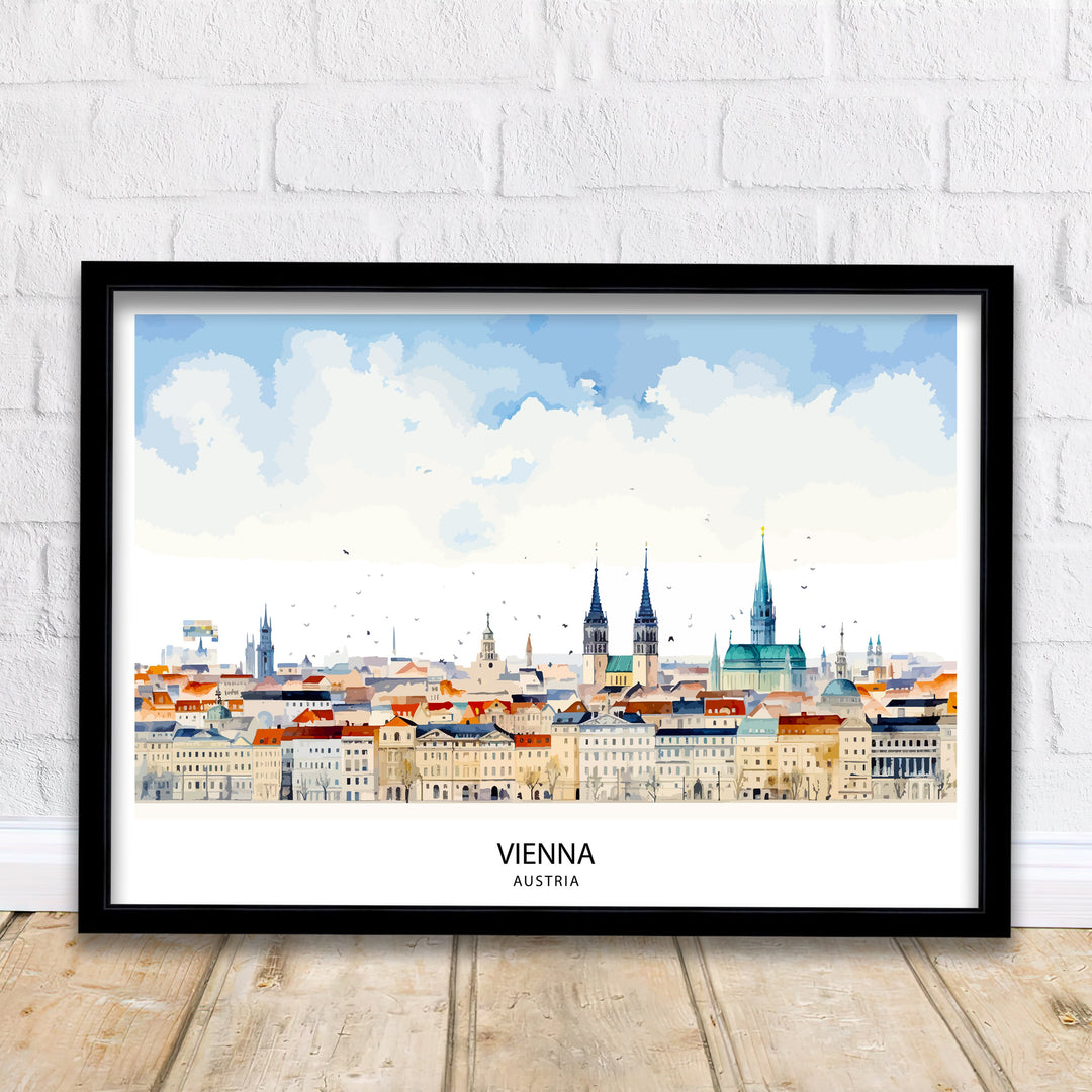 Vienna Skyline Austria Print Imperial Cityscape Art Danube River Poster Austrian Capital Wall Decor Historic Architecture Illustration