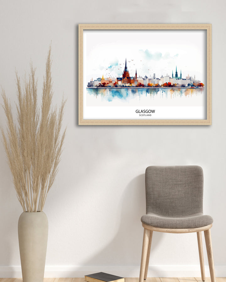 Glasgow Skyline Art Print Scottish Cityscape Poster Urban Glasgow Wall Decor Scotland Landmarks Illustration Modern City Artwork