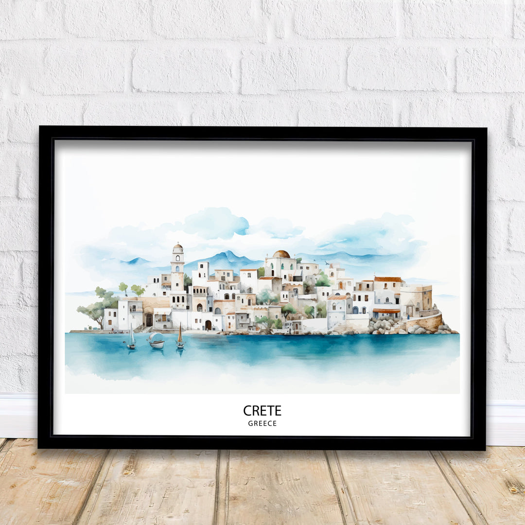 Crete Island Art Print Greek Island Skyline Mediterranean Seascape Poster Crete Landscape Wall Decor Greek Paradise Illustration Aegean Sea