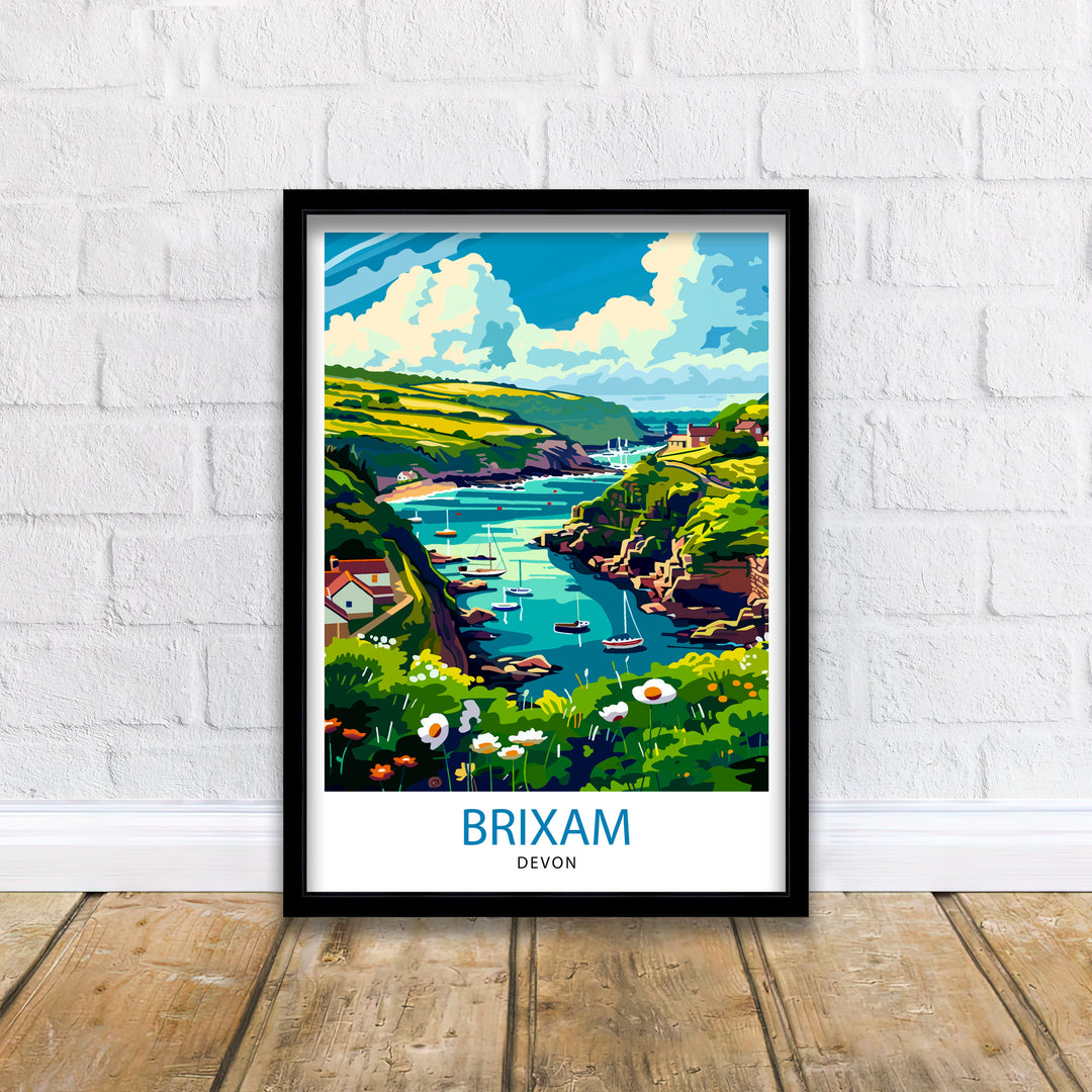 Brixham Devon Travel Poster English Seaside Town Art Devonshire Harbor Poster British Coastal Wall Decor Fishing Village Illustration