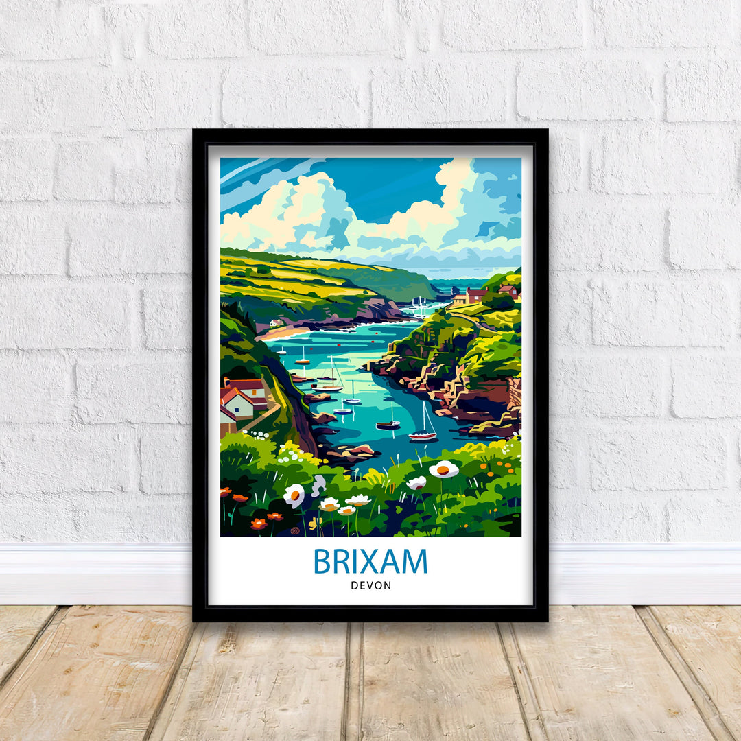 Brixham Devon Travel Poster English Seaside Town Art Devonshire Harbor Poster British Coastal Wall Decor Fishing Village Illustration