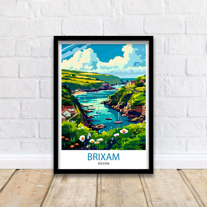 Brixham Devon Travel Poster English Seaside Town Art Devonshire Harbor Poster British Coastal Wall Decor Fishing Village Illustration