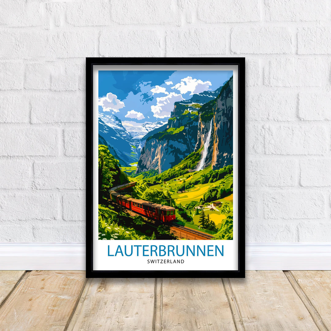 Lauterbrunnen Switzerland Print Alpine Valley Art Swiss Waterfall Poster Mountain Village Wall Decor Swiss Alps Illustration