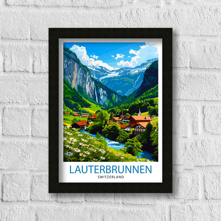 Lauterbrunnen Switzerland Print Alpine Valley Art Swiss Waterfall Poster Mountain Village Wall Decor Swiss Alps Illustration