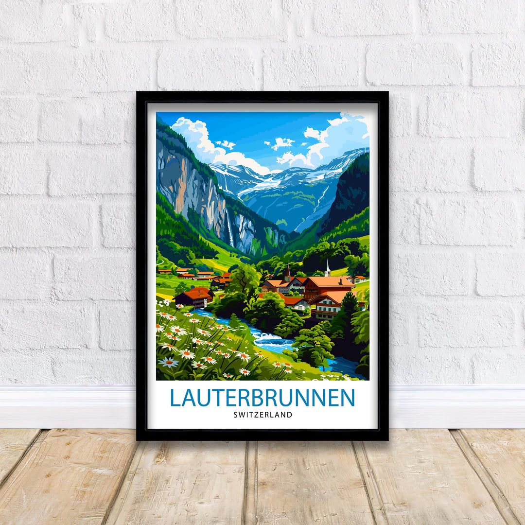 Lauterbrunnen Switzerland Print Alpine Valley Art Swiss Waterfall Poster Mountain Village Wall Decor Swiss Alps Illustration