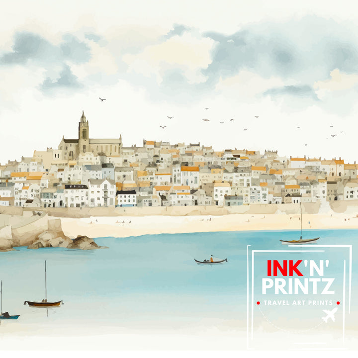 St Ives Cornwall Poster Coastal Town Art Cornish Seaside Poster St Ives Harbor Wall Decor British Beach Illustration UK Coastal Village