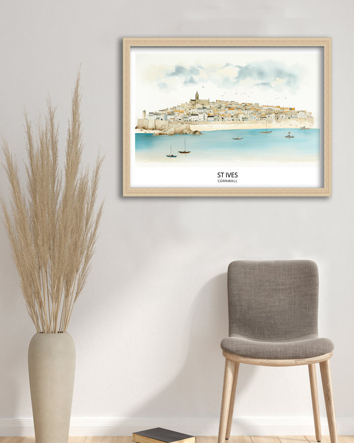 St Ives Cornwall Poster Coastal Town Art Cornish Seaside Poster St Ives Harbor Wall Decor British Beach Illustration UK Coastal Village