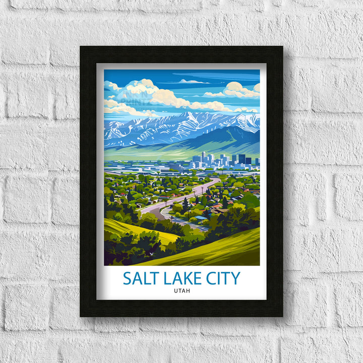 Salt Lake City Utah Print Urban Mountain Art Great Salt Lake Poster Utah Capital Wall Decor Wasatch Range Landscape Cityscape Illustration