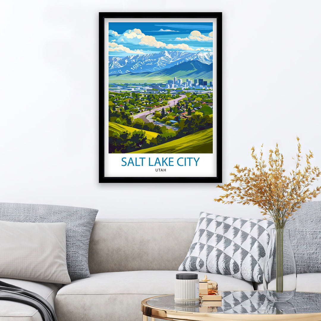 Salt Lake City Utah Print Urban Mountain Art Great Salt Lake Poster Utah Capital Wall Decor Wasatch Range Landscape Cityscape Illustration