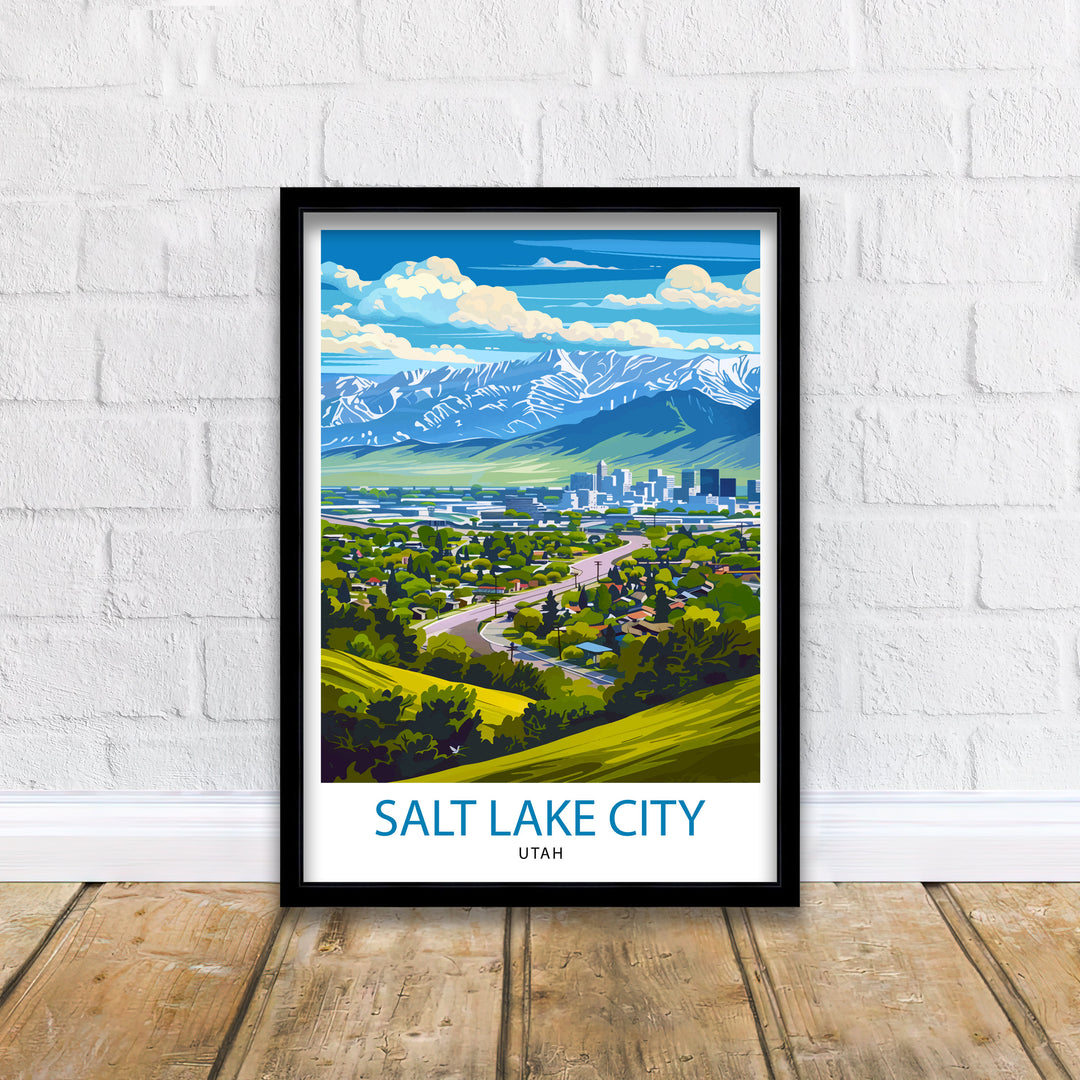 Salt Lake City Utah Print Urban Mountain Art Great Salt Lake Poster Utah Capital Wall Decor Wasatch Range Landscape Cityscape Illustration