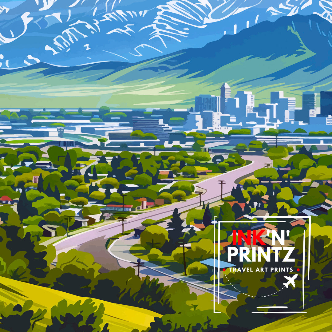 Salt Lake City Utah Print Urban Mountain Art Great Salt Lake Poster Utah Capital Wall Decor Wasatch Range Landscape Cityscape Illustration