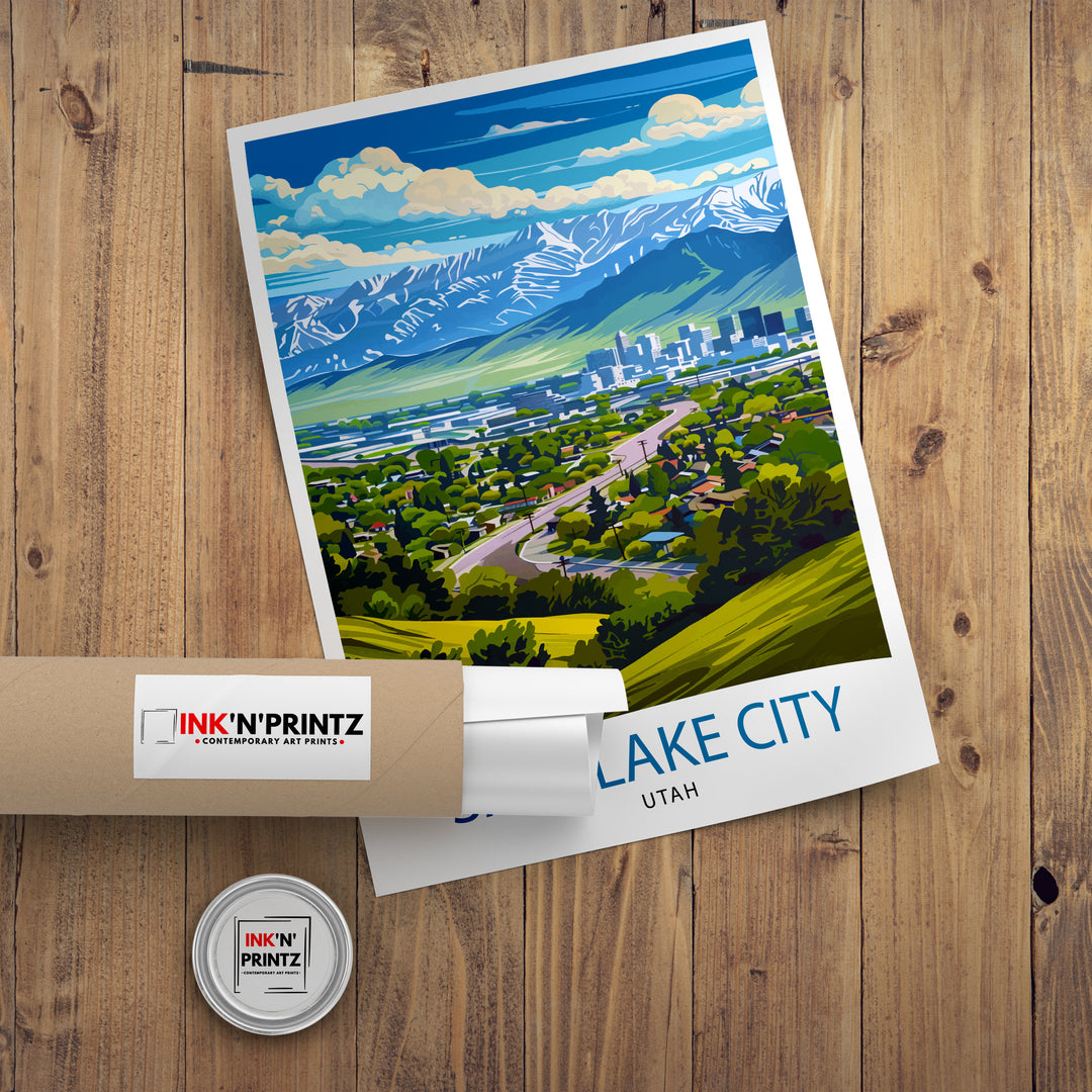 Salt Lake City Utah Print Urban Mountain Art Great Salt Lake Poster Utah Capital Wall Decor Wasatch Range Landscape Cityscape Illustration