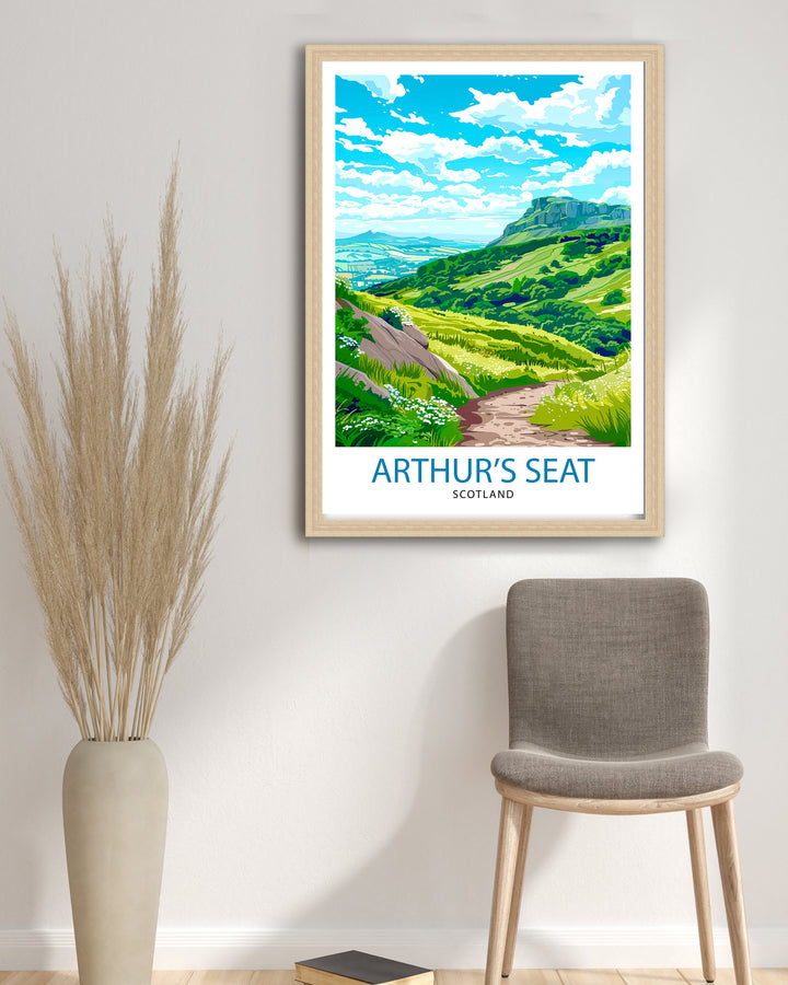 Arthur's Seat Scotland Travel Poster Edinburgh Landmark Art Scottish Highlands Poster Panoramic View Wall Decor Ancient Volcano