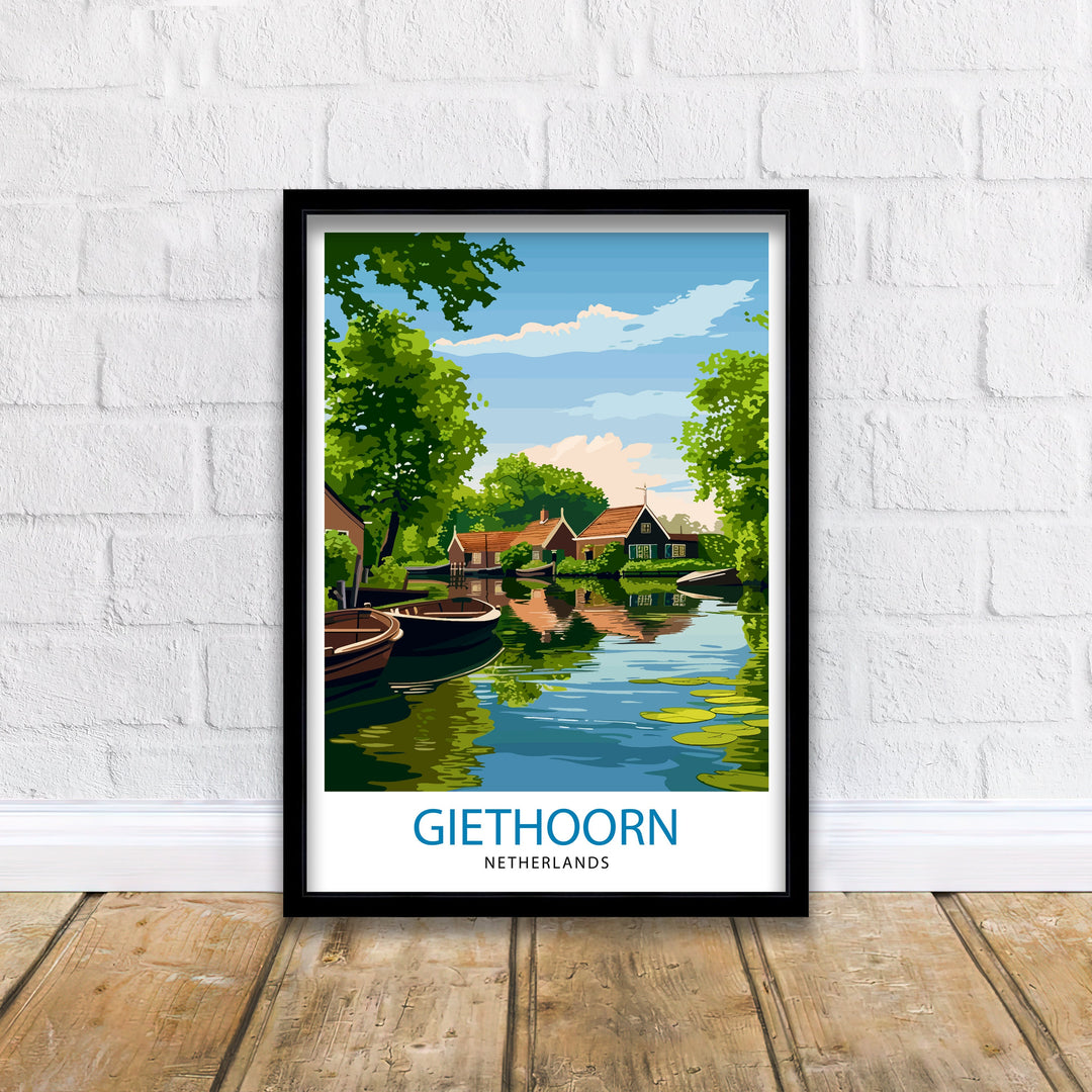 Giethoorn Netherlands Travel Poster Venice of the North Art Water Village Print Dutch Canals Wall Decor Peaceful Village Illustration