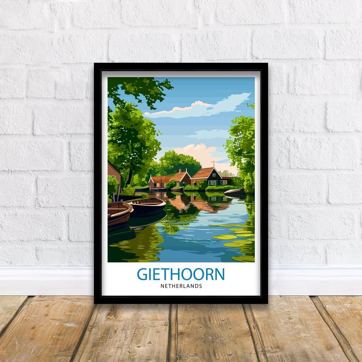 Giethoorn Netherlands Travel Poster Venice of the North Art Water Village Print Dutch Canals Wall Decor Peaceful Village Illustration