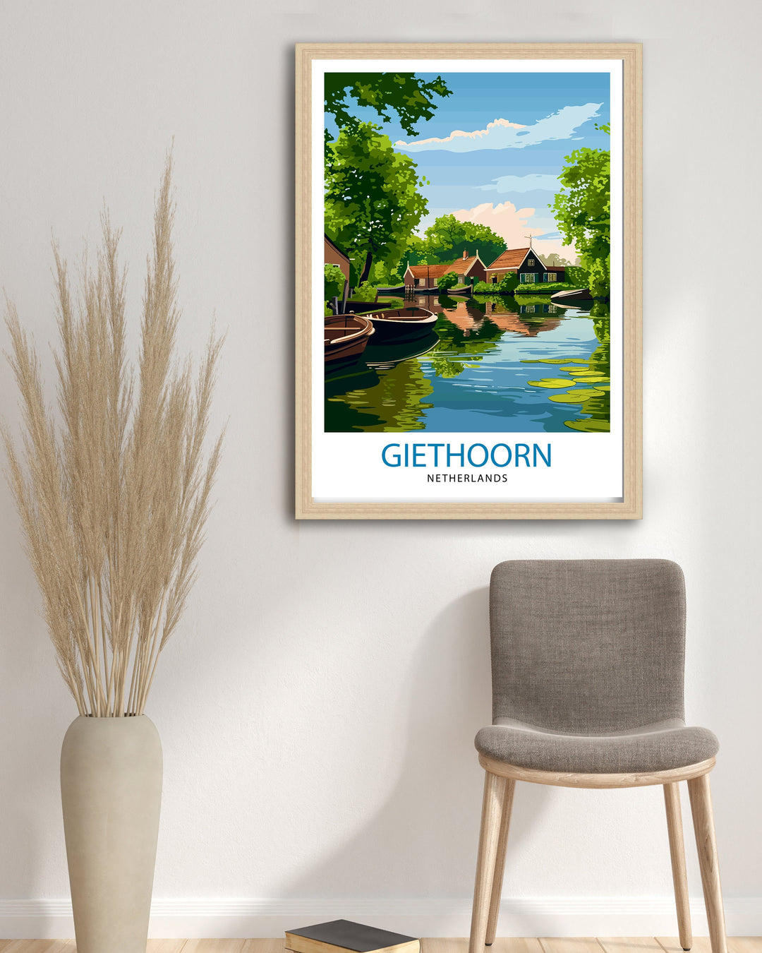 Giethoorn Netherlands Travel Poster Venice of the North Art Water Village Print Dutch Canals Wall Decor Peaceful Village Illustration