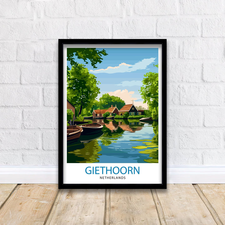 Giethoorn Netherlands Travel Poster Venice of the North Art Water Village Print Dutch Canals Wall Decor Peaceful Village Illustration