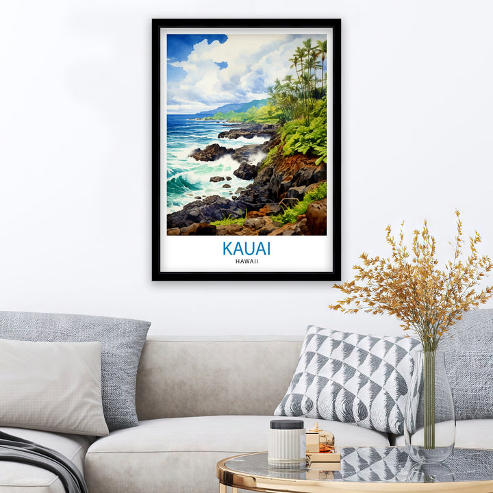 Kauai Hawaii Travel Poster Tropical Paradise Art Na Pali Coast Print Garden Isle Wall Decor Hawaiian Island Illustration Exotic Landscape