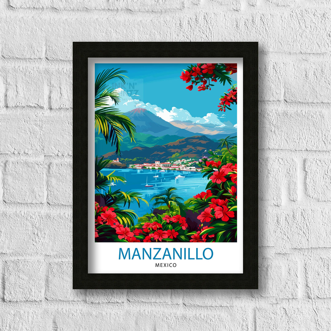 Manzanillo Mexico Travel Poster Tropical Paradise Art Mexican Beach Resort Print Pacific Coast Wall Decor Exotic Destination Illustration