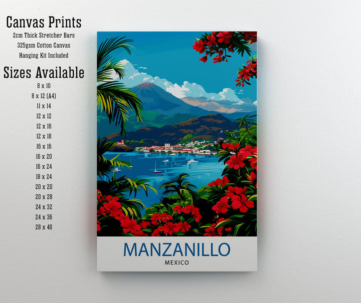 Manzanillo Mexico Travel Poster Tropical Paradise Art Mexican Beach Resort Print Pacific Coast Wall Decor Exotic Destination Illustration