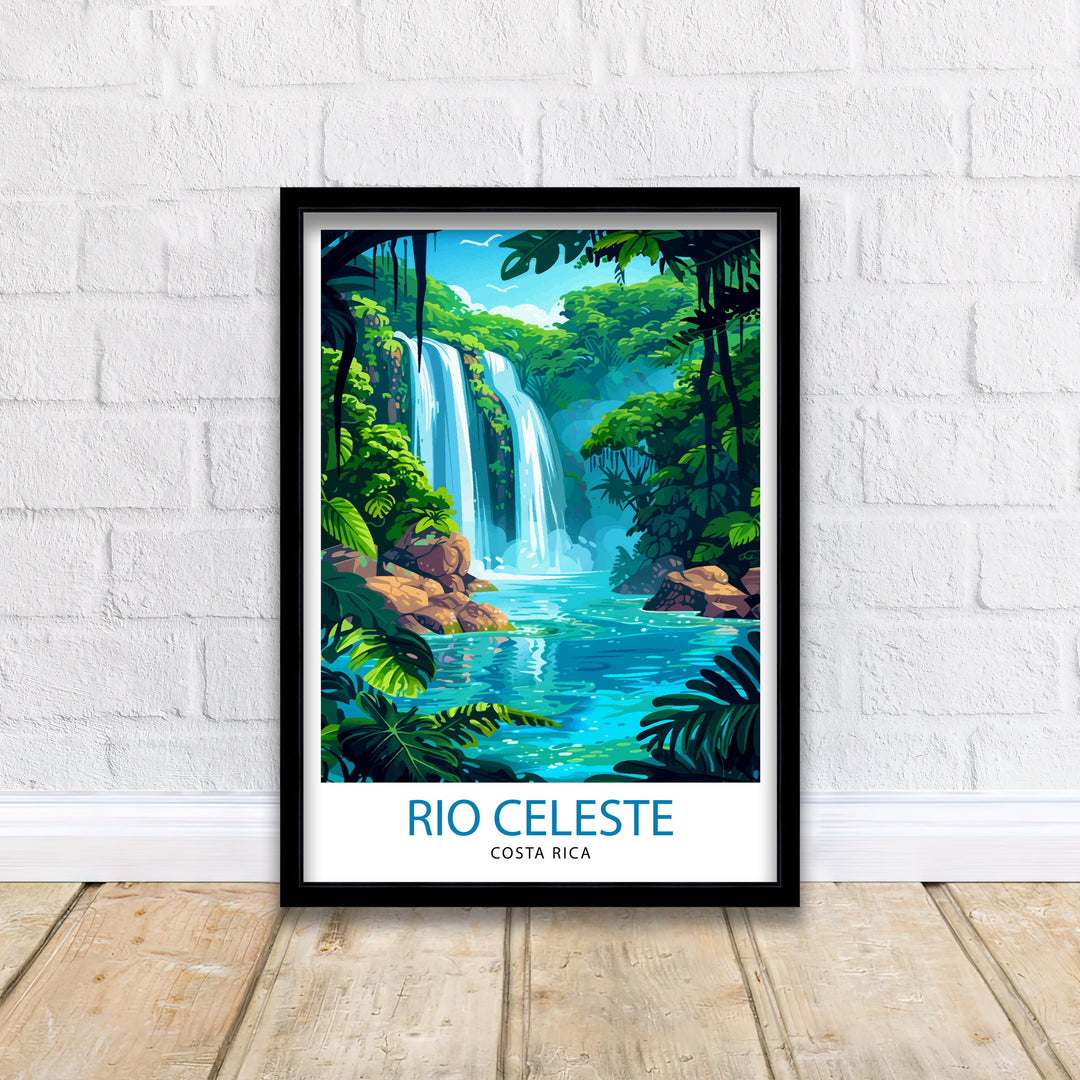 Rio Celeste Costa Rica Print Tropical Waterfall Art Rainforest Paradise Poster Natural Wonder Wall Decor Turquoise River Illustration Exotic
