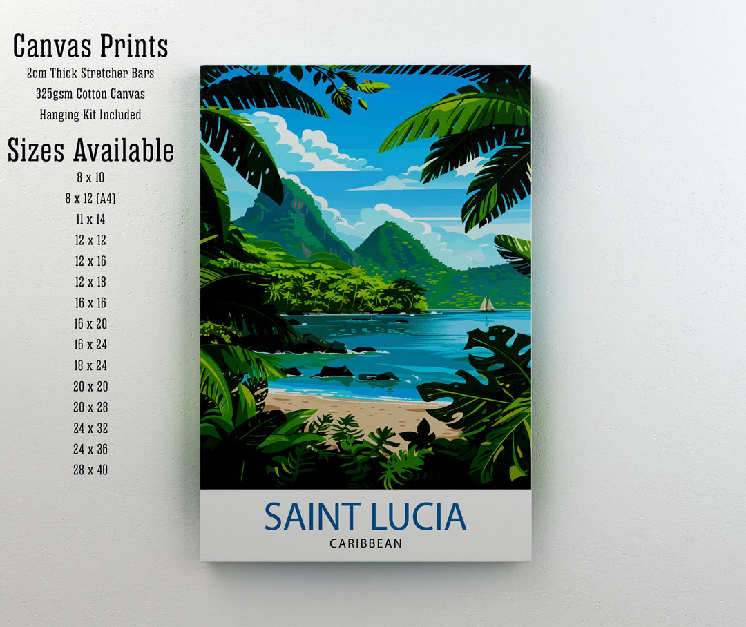 St Lucia Caribbean Travel Poster Exotic Island Paradise Art Pitons View Print Lush Rainforest Wall Decor Vibrant Beach Escape Illustration