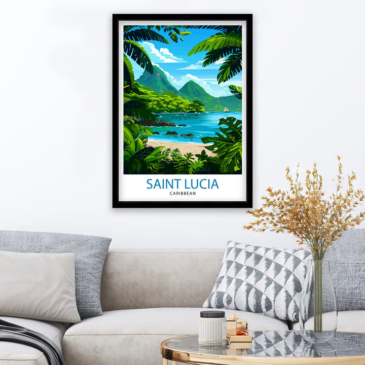 St Lucia Caribbean Travel Poster Exotic Island Paradise Art Pitons View Print Lush Rainforest Wall Decor Vibrant Beach Escape Illustration