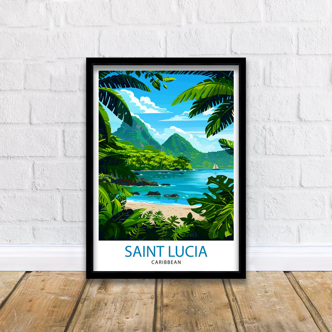 St Lucia Caribbean Travel Poster Exotic Island Paradise Art Pitons View Print Lush Rainforest Wall Decor Vibrant Beach Escape Illustration