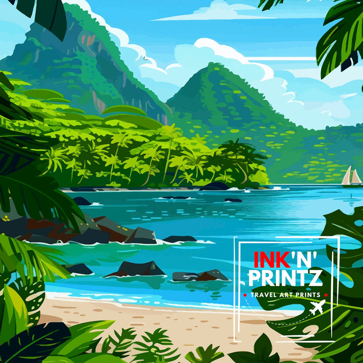 St Lucia Caribbean Travel Poster Exotic Island Paradise Art Pitons View Print Lush Rainforest Wall Decor Vibrant Beach Escape Illustration