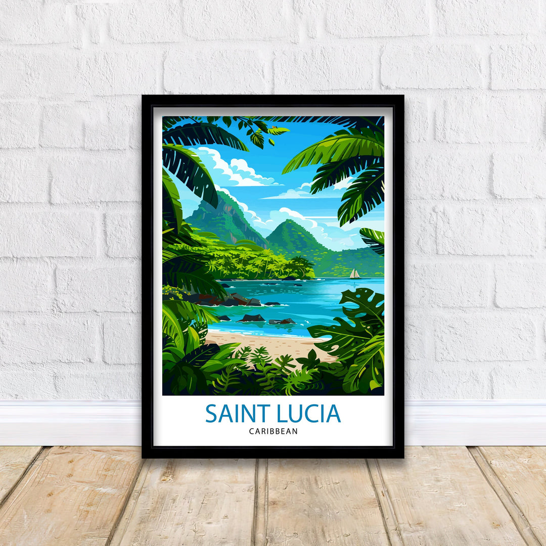 St Lucia Caribbean Travel Poster Exotic Island Paradise Art Pitons View Print Lush Rainforest Wall Decor Vibrant Beach Escape Illustration