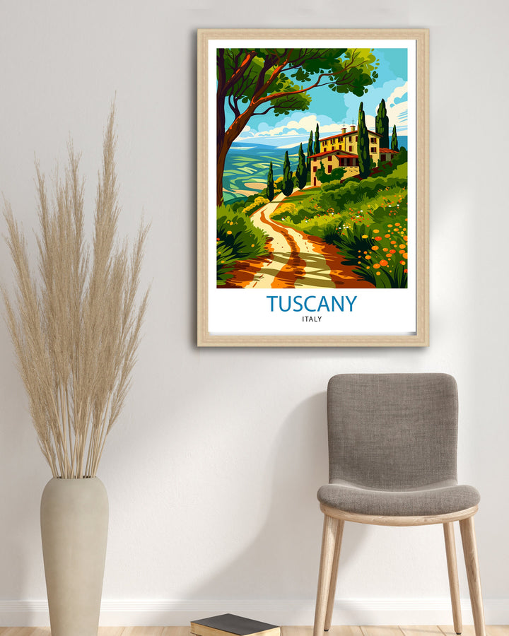 Tuscany Travel Poster Italian Countryside Art Rolling Hills and Vineyards Print Tuscan Sun Wall Decor Renaissance Cities Illustration