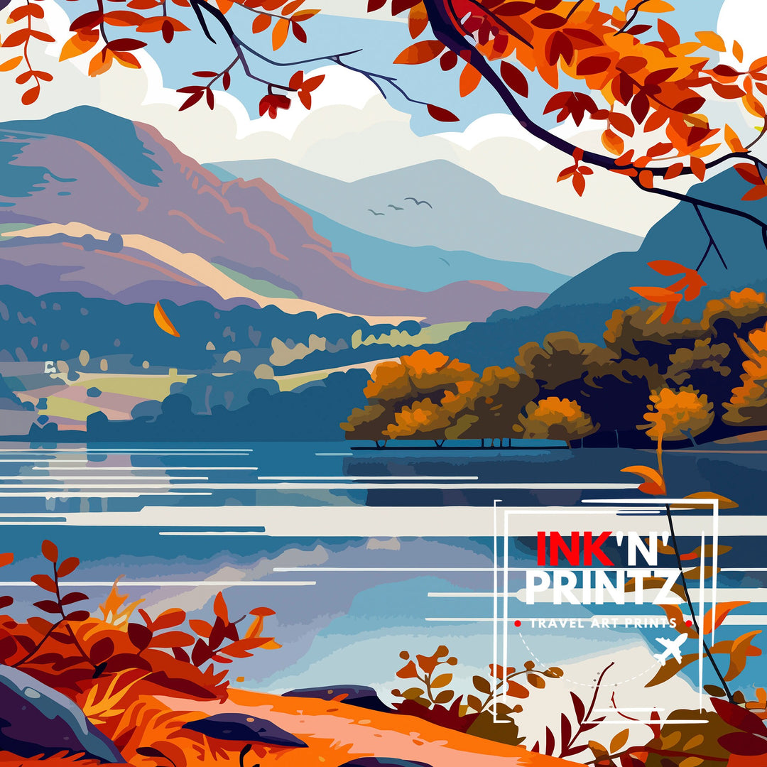 Lake District Travel Poster Cumbrian Lakes Art English Countryside Print Rolling Hills Wall Decor UK National Park Illustration Nature